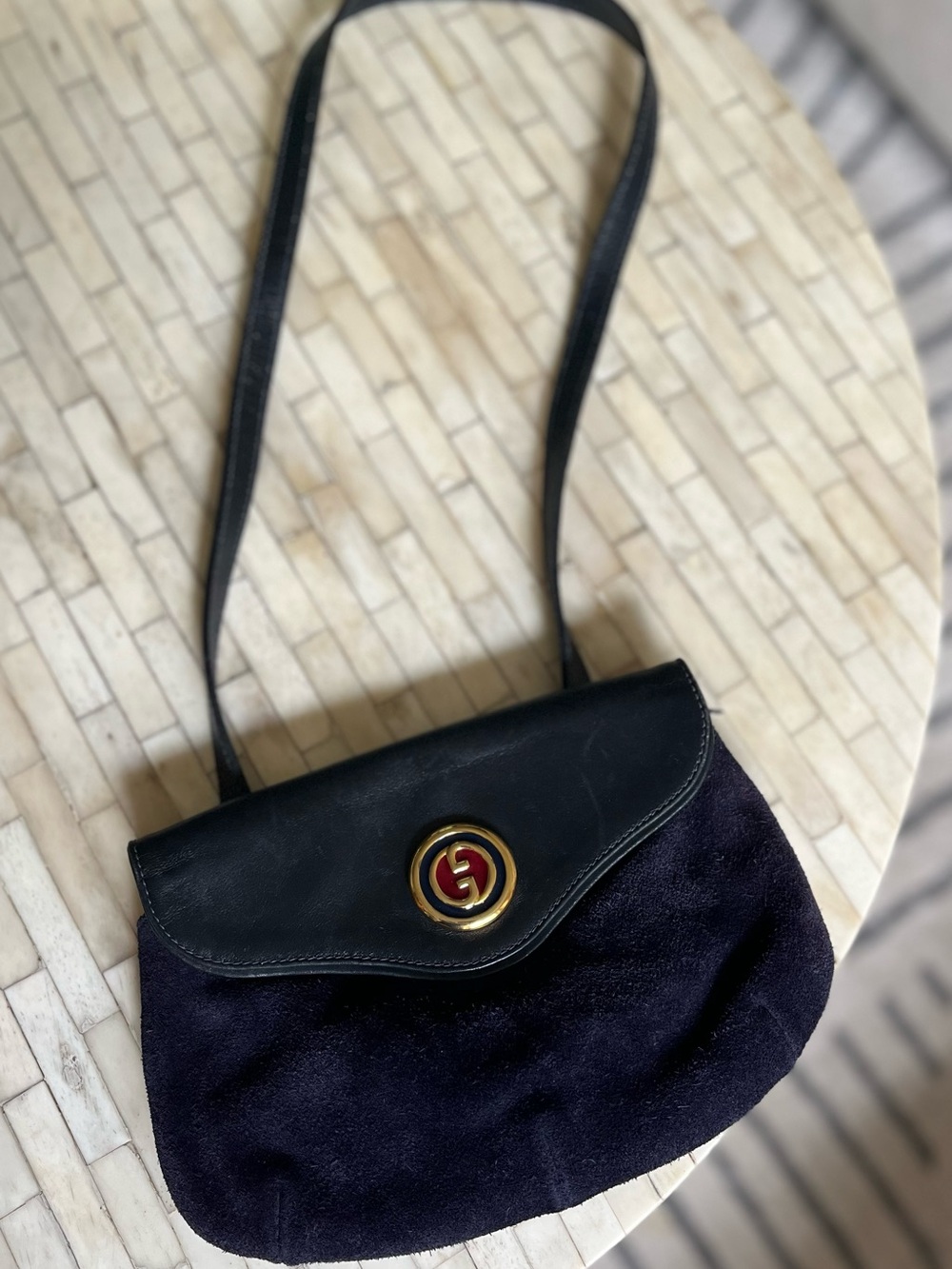 Vintage Gucci, likely 1970s, dark navy suede and leather shoulder bag